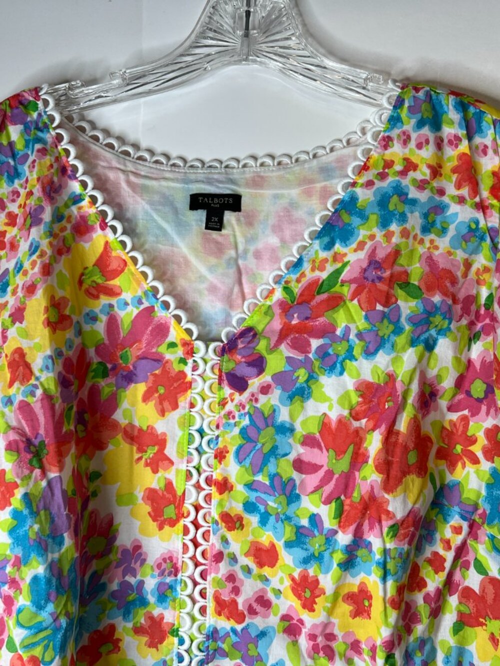 Talbots Women's Size 2X Vibrant Colorful Floral Top Cotton Lined Scalloped Trim - Picture 2 of 6